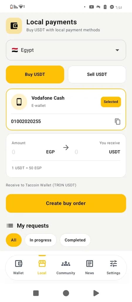 Buy USDT with local payment methods screen