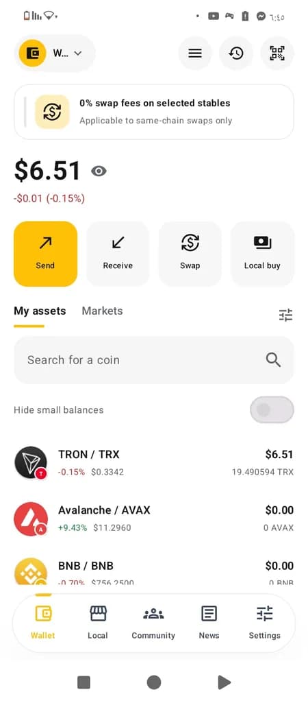 Taccoin wallet screen — balances and assets