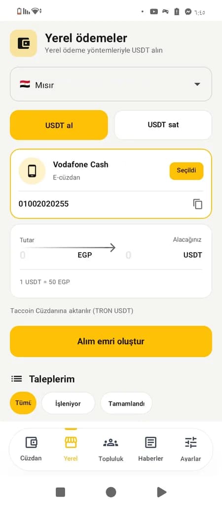 Yerel ödeme yöntemleriyle USDT satın alma ekranı