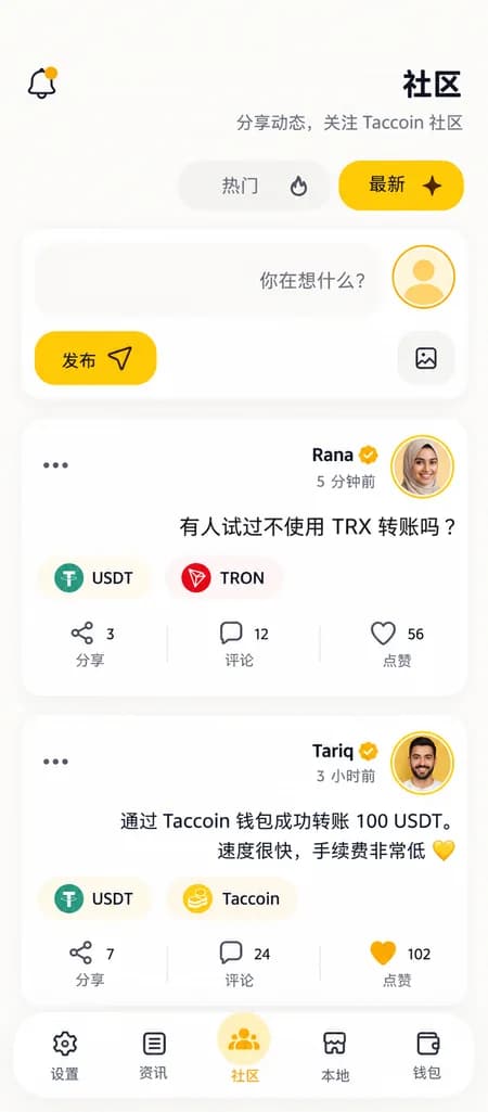 Taccoin 应用内社区界面——用户帖子与互动