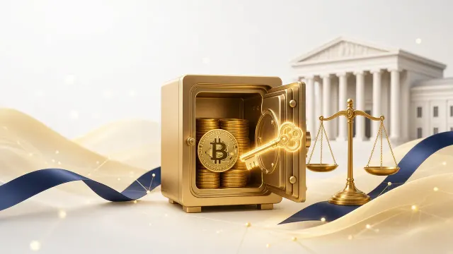 خزنة ذهبية مفتوحة بداخلها عملات بيتكوين ومفتاح رقمي مضيء بجانب ميزان العدالة ومبنى حكومي