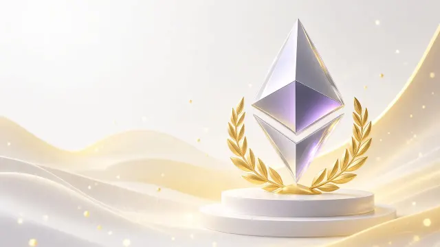 رمز إيثريوم كريستالي فوق منصة تتويج بيضاء محاط بإكليل غار ذهبي